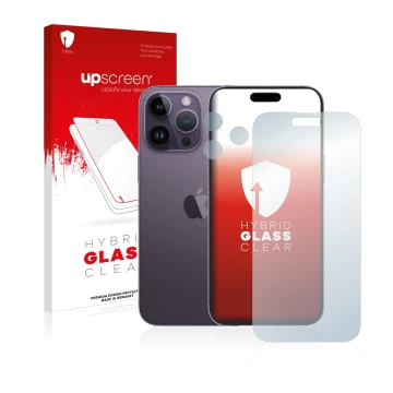 Parte frontal de un envase de producto con el logotipo de la marca upscreen. Al lado se muestra el dispositivo Apple iPhone 14