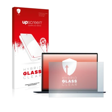 Parte frontal de un envase de producto con el logotipo de la marca upscreen. Al lado se muestra el dispositivo ASUS ZenBook 14