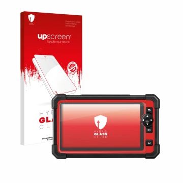 Parte frontal de un envase de producto con el logotipo de la marca upscreen. Al lado se muestra el dispositivo Launch X-431 CR