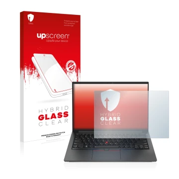 Parte frontal de un envase de producto con el logotipo de la marca upscreen. Al lado se muestra el dispositivo Lenovo ThinkPad