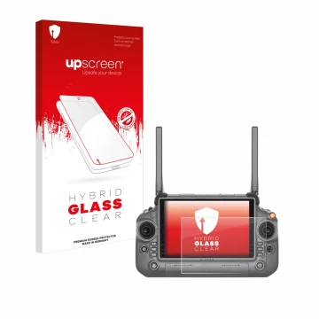 Parte frontal de un envase de producto con el logotipo de la marca upscreen. Al lado se muestra el dispositivo DJI RC Plus con