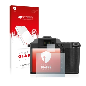 Parte frontal de un envase de producto con el logotipo de la marca upscreen. Al lado se muestra el dispositivo Hasselblad X2D 