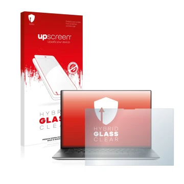 Parte frontal de un envase de producto con el logotipo de la marca upscreen. Al lado se muestra el dispositivo Dell XPS 15 952