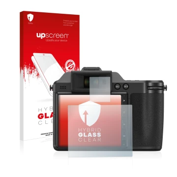 Parte frontal de un envase de producto con el logotipo de la marca upscreen. Al lado se muestra el dispositivo Fujifilm X-H2 c