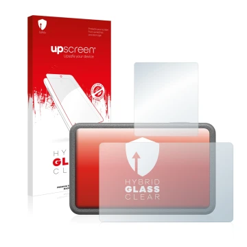 Parte frontal de un envase de producto con el logotipo de la marca upscreen. Al lado se muestra el dispositivo DJI Osmo Action