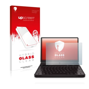 Parte frontal de un envase de producto con el logotipo de la marca upscreen. Al lado se muestra el dispositivo GPD Win Max 2 c