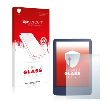 Parte frontal de un envase de producto con el logotipo de la marca upscreen. Al lado se muestra el dispositivo Amazon Kindle R