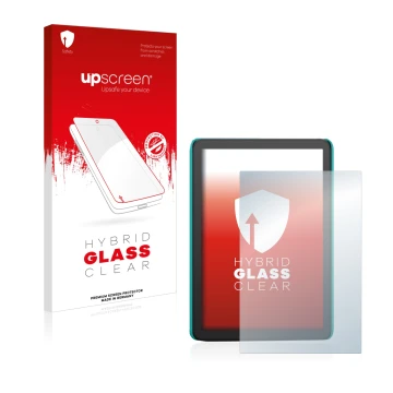 Parte frontal de un envase de producto con el logotipo de la marca upscreen. Al lado se muestra el dispositivo Amazon Kindle K