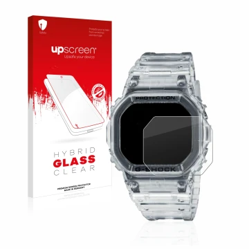 Parte frontal de un envase de producto con el logotipo de la marca upscreen. Al lado se muestra el dispositivo Casio G-Shock D