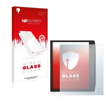 Parte frontal de un envase de producto con el logotipo de la marca upscreen. Al lado se muestra el dispositivo PocketBook Era 