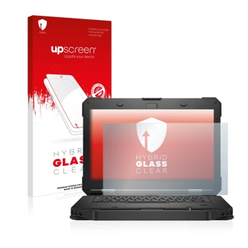 Parte frontal de un envase de producto con el logotipo de la marca upscreen. Al lado se muestra el dispositivo Dell Latitude 5