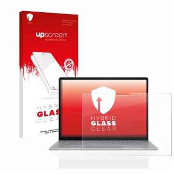 Parte frontal de un envase de producto con el logotipo de la marca upscreen. Al lado se muestra el dispositivo Microsoft Surfa