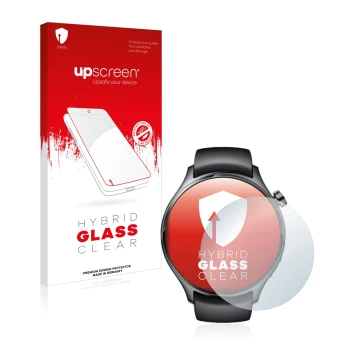 Parte frontal de un envase de producto con el logotipo de la marca upscreen. Al lado se muestra el dispositivo Xiaomi Watch S1
