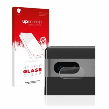 Parte frontal de un envase de producto con el logotipo de la marca upscreen. Al lado se muestra el dispositivo Google Pixel 7 