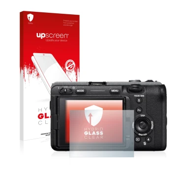 Parte frontal de un envase de producto con el logotipo de la marca upscreen. Al lado se muestra el dispositivo Sony Alpha FX30