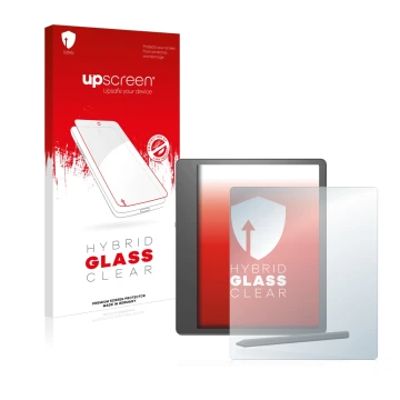 Parte frontal de un envase de producto con el logotipo de la marca upscreen. Al lado se muestra el dispositivo Amazon Kindle S