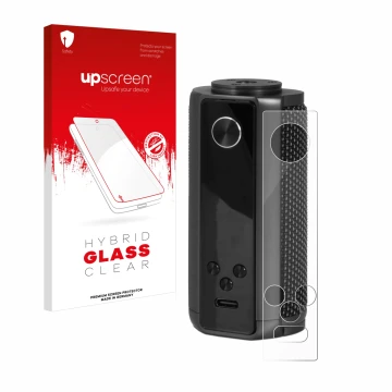 Parte frontal de un envase de producto con el logotipo de la marca upscreen. Al lado se muestra el dispositivo Vaporesso Targe