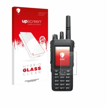 Parte frontal de un envase de producto con el logotipo de la marca upscreen. Al lado se muestra el dispositivo Motorola R7 con