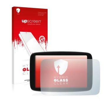 Parte frontal de un envase de producto con el logotipo de la marca upscreen. Al lado se muestra el dispositivo TomTom GO Campe
