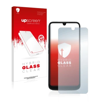Parte frontal de un envase de producto con el logotipo de la marca upscreen. Al lado se muestra el dispositivo Doro 8100 PLUS 