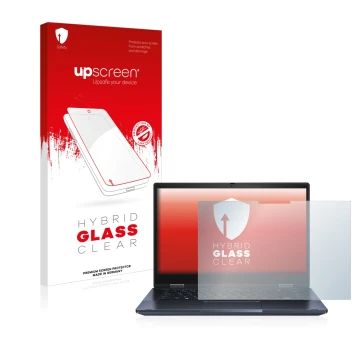 Parte frontal de un envase de producto con el logotipo de la marca upscreen. Al lado se muestra el dispositivo ASUS ExpertBook