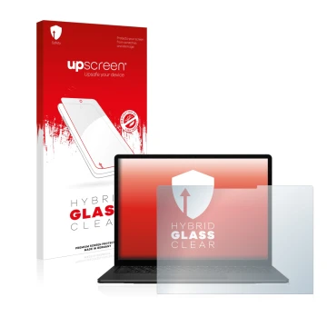 Parte frontal de un envase de producto con el logotipo de la marca upscreen. Al lado se muestra el dispositivo Microsoft Surfa