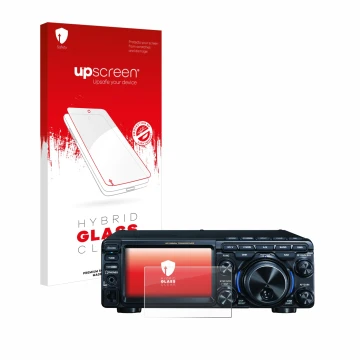 Parte frontal de un envase de producto con el logotipo de la marca upscreen. Al lado se muestra el dispositivo Yaesu FT-710 co
