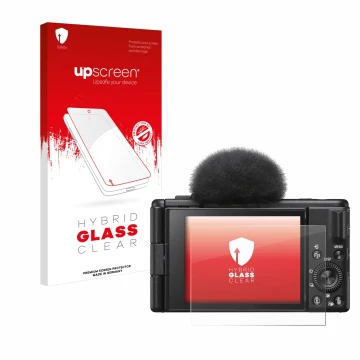 Parte frontal de un envase de producto con el logotipo de la marca upscreen. Al lado se muestra el dispositivo Sony ZV-1F con 