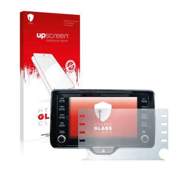 Parte frontal de un envase de producto con el logotipo de la marca upscreen. Al lado se muestra el dispositivo Toyota Yaris Cr