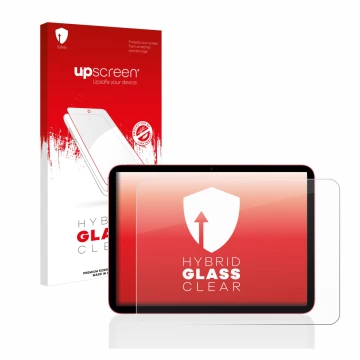 Parte frontal de un envase de producto con el logotipo de la marca upscreen. Al lado se muestra el dispositivo Apple iPad 10.9