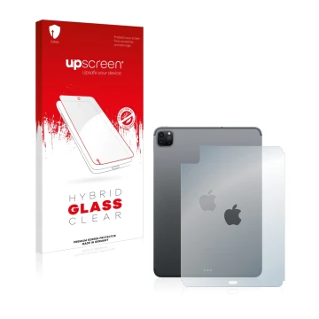 Parte frontal de un envase de producto con el logotipo de la marca upscreen. Al lado se muestra el dispositivo Apple iPad Pro 