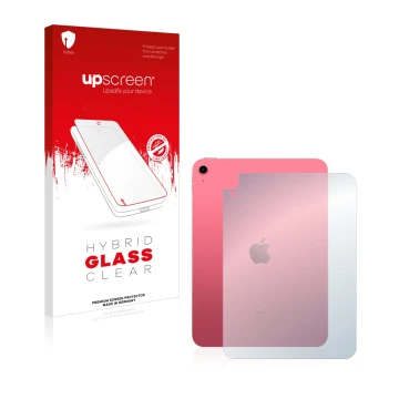 Parte frontal de un envase de producto con el logotipo de la marca upscreen. Al lado se muestra el dispositivo Apple iPad 10.9