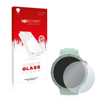 Parte frontal de un envase de producto con el logotipo de la marca upscreen. Al lado se muestra el dispositivo Swatch Big Bold