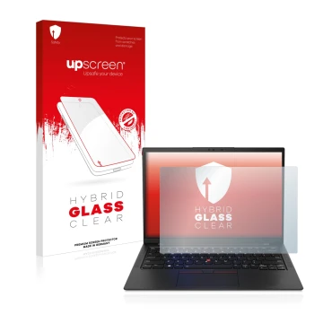 Parte frontal de un envase de producto con el logotipo de la marca upscreen. Al lado se muestra el dispositivo Lenovo ThinkPad