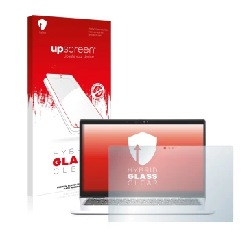 Parte frontal de un envase de producto con el logotipo de la marca upscreen. Al lado se muestra el dispositivo Dell Latitude 7