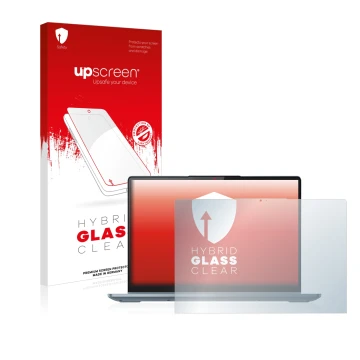 Parte frontal de un envase de producto con el logotipo de la marca upscreen. Al lado se muestra el dispositivo Lenovo IdeaPad 