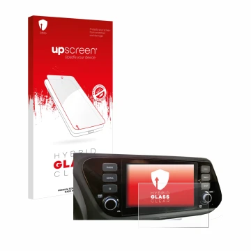 Parte frontal de un envase de producto con el logotipo de la marca upscreen. Al lado se muestra el dispositivo Hyundai i20 202