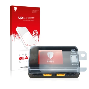 Parte frontal de un envase de producto con el logotipo de la marca upscreen. Al lado se muestra el dispositivo ToolkitRC M6D D