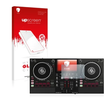 Parte frontal de un envase de producto con el logotipo de la marca upscreen. Al lado se muestra el dispositivo Numark Mixstrea