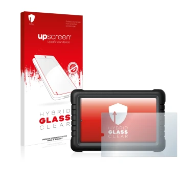 Parte frontal de un envase de producto con el logotipo de la marca upscreen. Al lado se muestra el dispositivo Launch X-431 PR