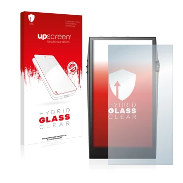 Parte frontal de un envase de producto con el logotipo de la marca upscreen. Al lado se muestra el dispositivo Astell&Kern SP3