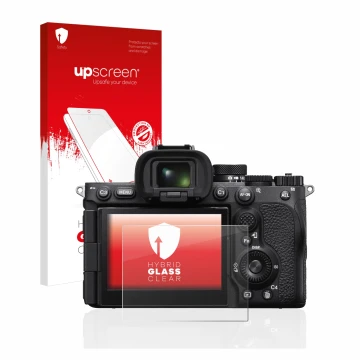 Parte frontal de un envase de producto con el logotipo de la marca upscreen. Al lado se muestra el dispositivo Sony Alpha 7R V
