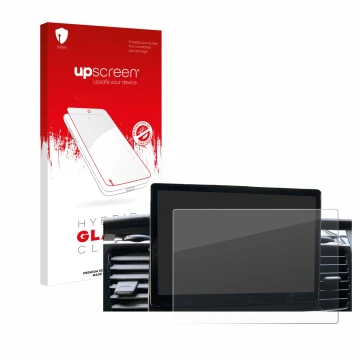 Parte frontal de un envase de producto con el logotipo de la marca upscreen. Al lado se muestra el dispositivo Ford Transit SY