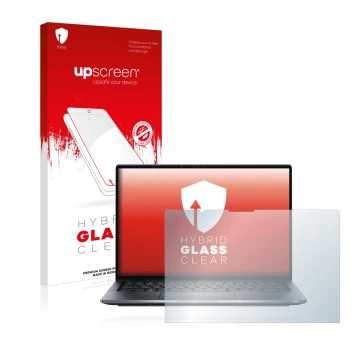 Parte frontal de un envase de producto con el logotipo de la marca upscreen. Al lado se muestra el dispositivo Dell Latitude 9