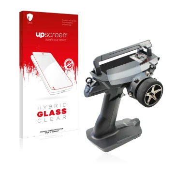Parte frontal de un envase de producto con el logotipo de la marca upscreen. Al lado se muestra el dispositivo Sanwa MT 44 / M