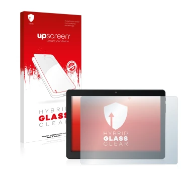 Parte frontal de un envase de producto con el logotipo de la marca upscreen. Al lado se muestra el dispositivo Acepad A145 10.