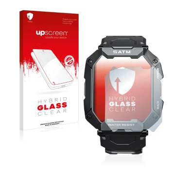Parte frontal de un envase de producto con el logotipo de la marca upscreen. Al lado se muestra el dispositivo Bengux C20 con 