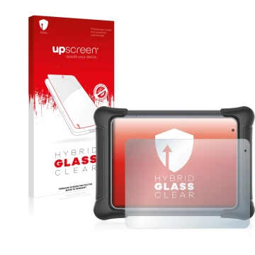 Parte frontal de un envase de producto con el logotipo de la marca upscreen. Al lado se muestra el dispositivo Autel MaxiSys E