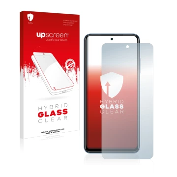 Parte frontal de un envase de producto con el logotipo de la marca upscreen. Al lado se muestra el dispositivo Xiaomi Poco M5s