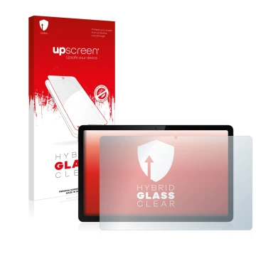 Parte frontal de un envase de producto con el logotipo de la marca upscreen. Al lado se muestra el dispositivo realme Pad 10.4